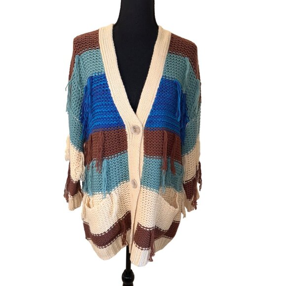 Umgee Fringed Striped Cable Knit Cardigan Sweater S/M Brown Blue Western Boho - Picture 2 of 11